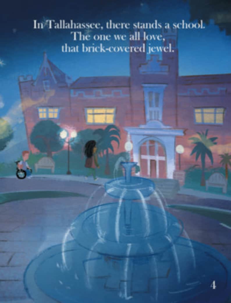 Op de afbeelding: Een bakstenen gebouw met een fontein ervoor. Het gebouw heeft een bord met de tekst "In Tallahassee, there stands a school. The one we all love, that brick-covered jewel."
