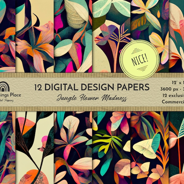 12 Boho Digital Papers, Printable Scrapbook Paper, Commercial Use Digital Paper, Abstract Boho Designs, Vibrant Exotic Plants and Fruits