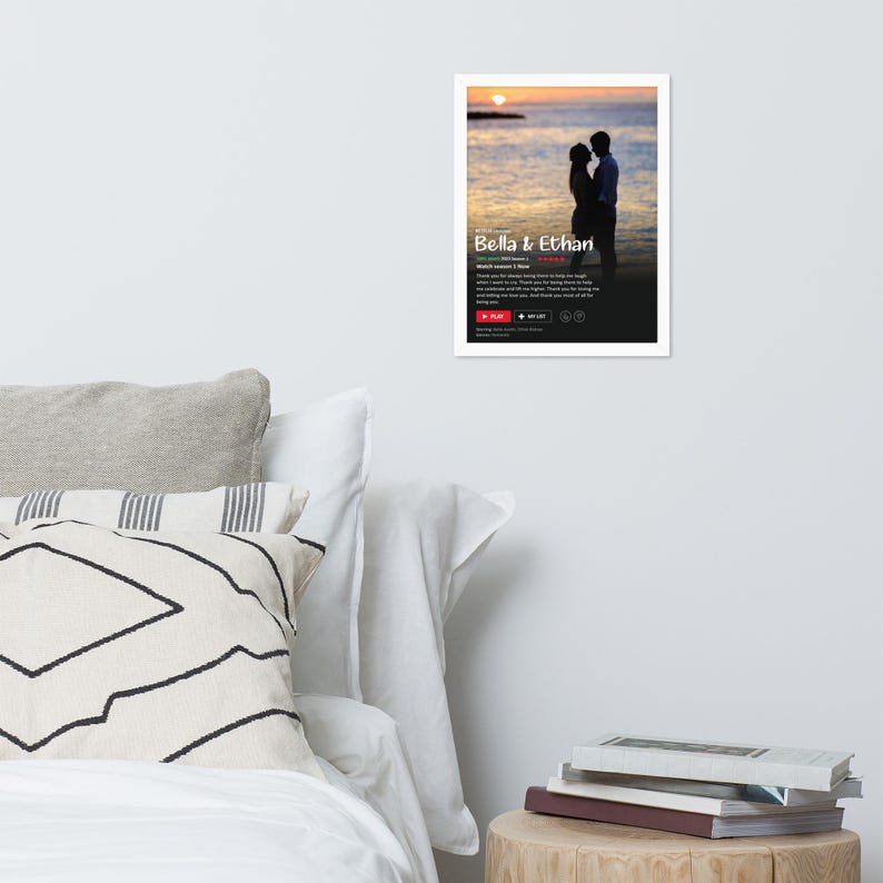 May include: A framed wedding invitation featuring a silhouette of a couple against a sunset beach backdrop. The invitation reads "Bella & Ethan" with the date "October 20, 2023".