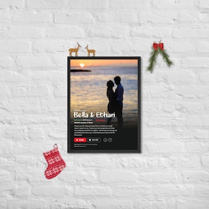 May include: A black framed poster featuring a silhouetted couple against a sunset over the ocean. The poster reads "Bella & Ethan" and "Watch season 1 now" with a 5-star rating. There are play, plus, and list icons.