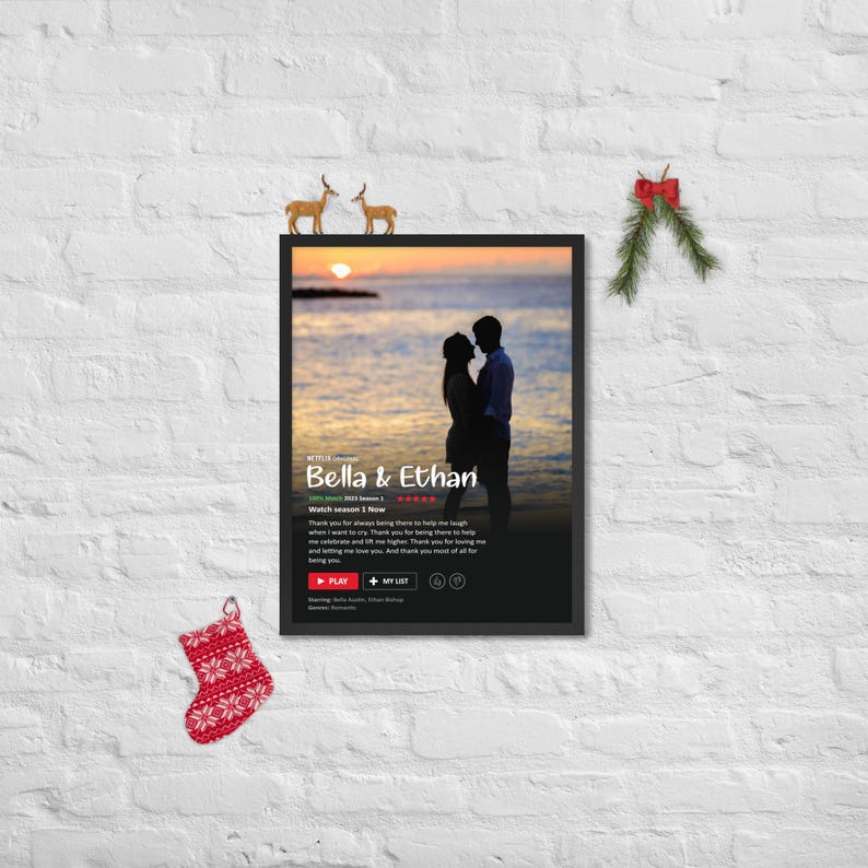 May include: A black framed poster featuring a silhouetted couple against a sunset over the ocean. The poster reads "Bella & Ethan" and "Watch season 1 now" with a 5-star rating. There are play, plus, and list icons.