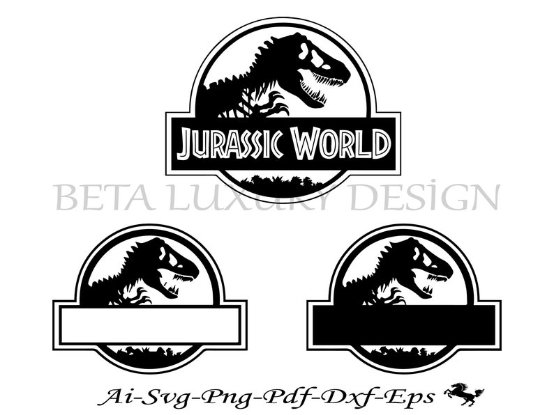 Może przedstawiać: Czarno-biały projekt logo Jurassic World. Logo przedstawia sylwetkę dinozaura w okrągłej ramie, ze słowami "JURASSIC WORLD" w prostokątnym banerze poniżej. Pokazano r&oacute;wnież dodatkowe opcje projektowe. Obecny jest r&oacute;wnież tekst "BETA LUXURY DESIGN" i "Ai-Svg-Png-Pdf-Dxf-Eps".