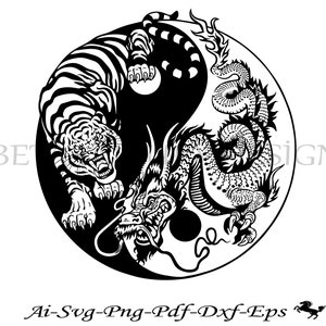Pode incluir: S&iacute;mbolo yin yang preto e branco com um tigre de um lado e um drag&atilde;o do outro.