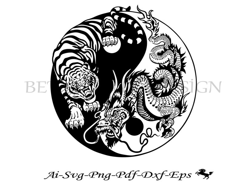Pode incluir: S&iacute;mbolo yin yang preto e branco com um tigre de um lado e um drag&atilde;o do outro.