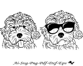 May include: Two black and white illustrations of a dog with curly hair. One dog is wearing sunglasses.