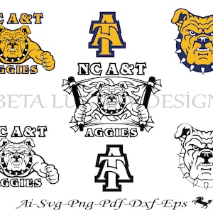 以下が含まれることがあります： 様々なスタイルのNC A&T Aggiesのロゴのコレクション。黄色と青色のブルドッグのマスコット、および「NC A&T」と「AGGIES」の文字が含まれています。形式：Ai、SVG、PNG、PDF、DXF、EPS。