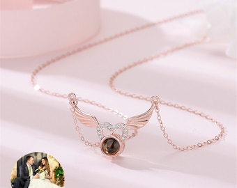 Photo Projection Necklace,Sterling Silver Angel Wings Custom Photo Necklace,Personalized Photo Necklace,Memorial Gift, Gift For Her