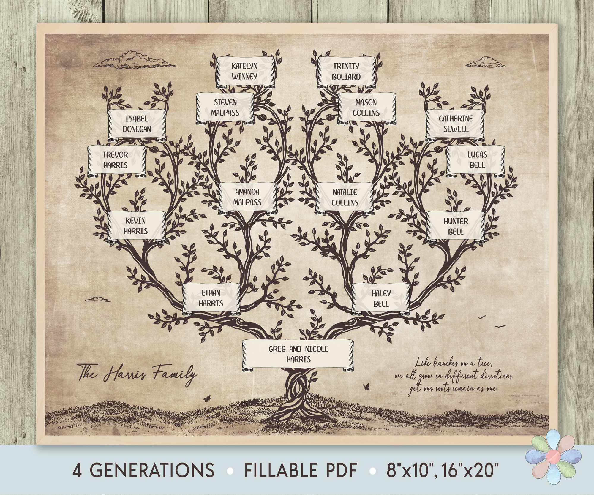 Family Tree Template for 5 Generations. Branched Timmi Genealogy Family Tree.  Family Tree Chart Template. Printable File Fast Edit 