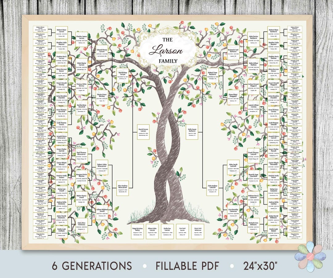 Family Tree Template for 6 Generations. Two Intertwining
