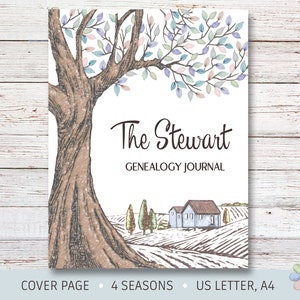 May include: A watercolor illustration of a tree with blue and pink leaves, a farmhouse, and fields. The text "The Stewart Genealogy Journal" is written below the tree.