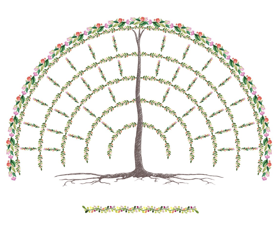 Family Tree Watercolor 6 Generations. Centered Tree With Roots Four Seasons Harri Family Tree ...