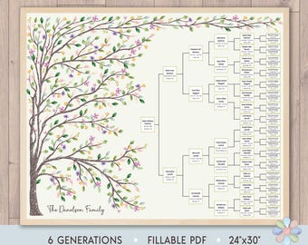 Family Tree Template for 6 Generations. Leafy Dani Genealogy Family Tree. Family Tree Fillable Wall Art Template. Digital File Fast Edit
