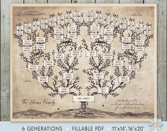 6 Generations Family Tree Template: Tree with Grass and Clouds Genealogy Chart (Fillable PDF)