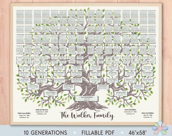 10 Generations Family Tree Template: Green Oak Curved Trunk Walki Genealogy Chart (Fillable PDF)