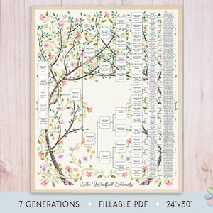 May include: A printable 7-generation family tree chart in the shape of a tree with pink, yellow, and green flowers. The chart is titled "The Westfall Family" and is 24 inches by 30 inches. It is a fillable PDF.