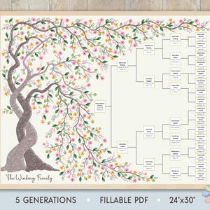 May include: A printable family tree chart with a floral design. The chart is in the shape of a tree with branches and leaves. The text "The Winking Family" is at the bottom of the chart. The chart is 24 inches by 30 inches and is a fillable PDF.