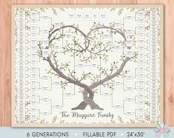 6 Generations Family Tree Template: Leafy Intertwined Hearts Maggi Genealogy Chart (Fillable PDF)