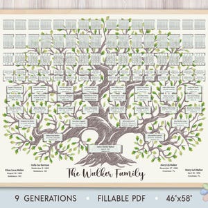 以下が含まれることがあります： 「The Walker Family」と「9 Generations」のテキストが書かれた白黒のファミリーツリーチャート。チャートは印刷可能なPDFで、サイズは46インチ×58インチです。