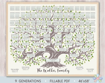 9 Generations Family Tree Template: Green Oak Curved Trunk Walki Genealogy Chart (Fillable PDF)