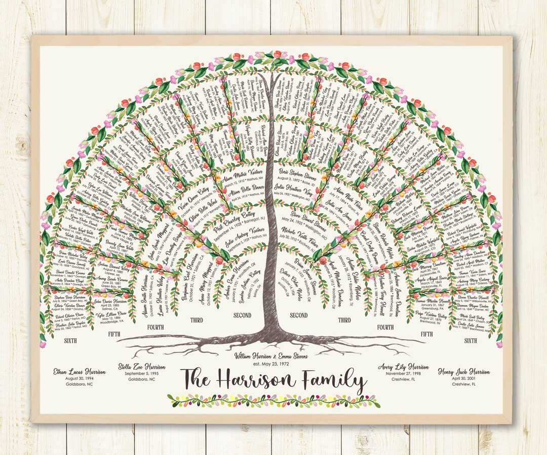Family Tree Watercolor 6 Generations. Centered Tree With Roots Summer Family Tree. Family Tree ...