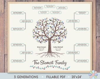3 Generations Family Tree Template: Large Winter Tree with Roots Genealogy Chart (Fillable PDF)
