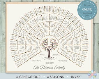 Family Tree Chart for 6 Generations. Tree with Roots Robi Four Seasons Family Tree. Wall Art Chart Template. Digital Set Online Fast Edit