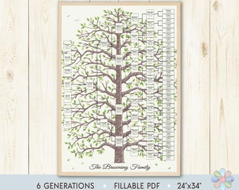 6 Generations Family Tree Template: Greenery Leafy Branched Browni Genealogy Chart (Fillable PDF)
