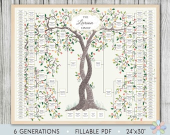 Modèle d'arbre généalogique pour 6 générations. Deux arbres d'été entrelacés Arbre généalogique Larsi. Modèle de graphique d’arbre généalogique. Fichier numérique à édition rapide