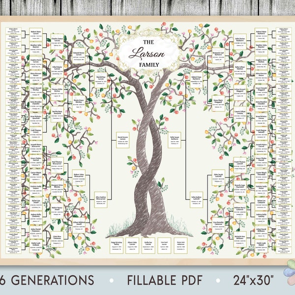 Family Tree Template for 6 Generations. Two Intertwining Summer Trees Larsi Family Tree. Family Tree Chart Template. Fast Edit Digital File