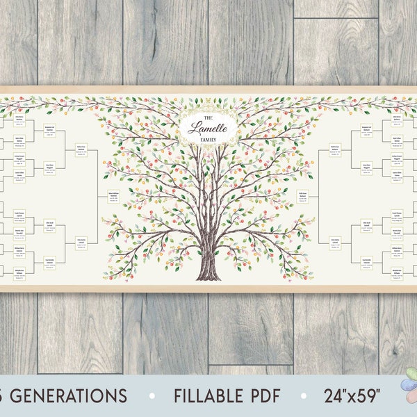 Family Tree Template for 5 Generations. Large Summer Lammi Family Tree. Family Tree Chart Template. Printable File Fast Edit