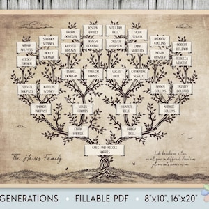 Family Tree Template for 5 Generations. Tree with Grass and Clouds Family Tree. Family Tree Chart Template. Printable File Fast Edit