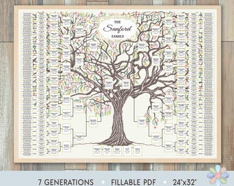 7 Generations Family Tree Template: Summer Branched Leafy Sanni Genealogy Chart (Fillable PDF)