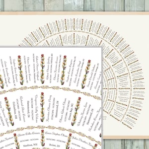 Puede incluir: Una impresi&oacute;n de &aacute;rbol geneal&oacute;gico con un dise&ntilde;o circular, que presenta nombres y fechas dispuestas alrededor de un punto central. La impresi&oacute;n tiene un fondo beige y un borde floral decorativo.