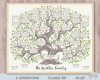 5 Generations Family Tree Template: Green Oak Curved Trunk Walki Genealogy Chart (Fillable PDF)