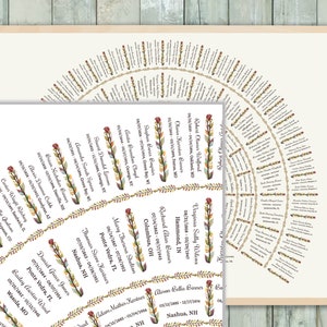 Puede incluir: Impresi&oacute;n de &aacute;rbol geneal&oacute;gico con nombres y fechas dispuestas en c&iacute;rculo. Los nombres est&aacute;n escritos en una fuente decorativa, las fechas en un formato sencillo. Fondo beige y borde floral.