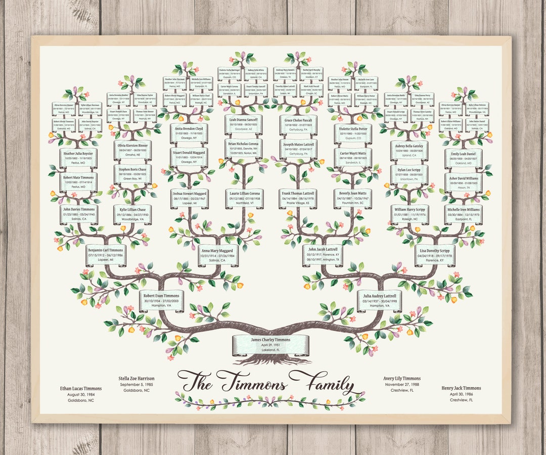 Family Tree Watercolor 6 Generations. Branched Timmi Family Tree. Family Tree Genealogy Chart ...