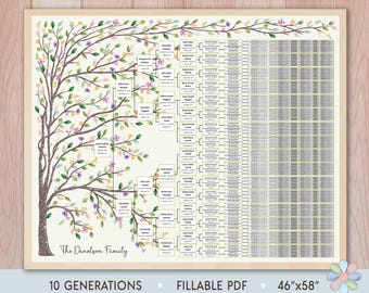 Plantilla de árbol genealógico de 10 generaciones: Cuadro de genealogía de Dani, con hojas de primavera (PDF rellenable)