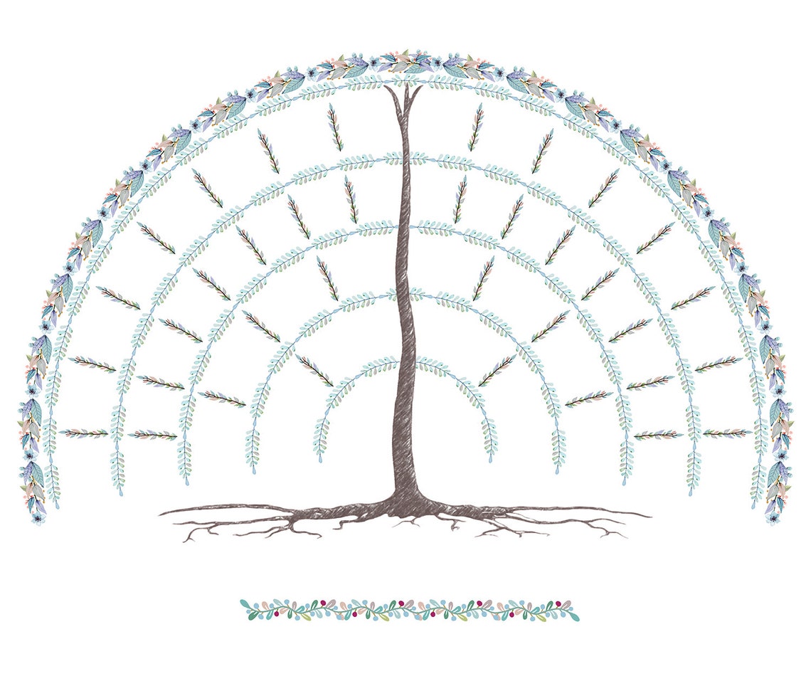 Family Tree Watercolor 6 Generations. Centered Tree With Roots Four Seasons Harri Family Tree ...