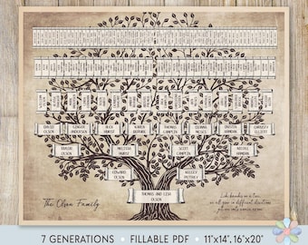 7 Generations Family Tree Template: Leafy Branched Brown Tree Olsi Genealogy Chart (Fillable PDF)