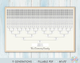 May include: A black and white printable family tree chart with 11 generations. The chart is labeled "The Edwards Family" and is 44 inches by 70 inches. The chart is a fillable PDF.