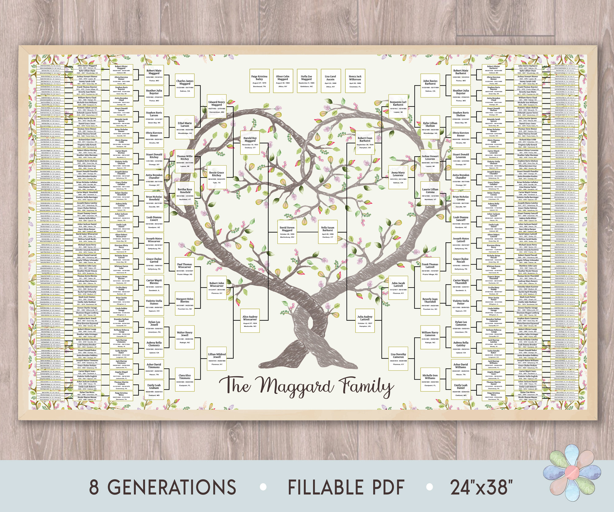 8 Generations Family Tree Template: Leafy Intertwined Hearts Maggi