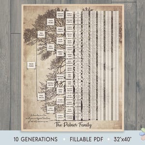 Könnte beinhalten: Eine druckbare Familienstammbaumvorlage im Vintage-Stil mit braunem Hintergrund und einem schwarzen Baum mit Ästen. Der Text "The Palmer Family" befindet sich am unteren Rand der Vorlage. Die Vorlage umfasst 10 Generationen und ist 81 cm x 102 cm groß.