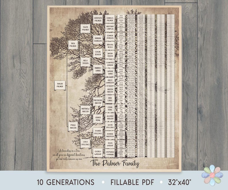 10 Generations Family Tree Template: Branched Black Poplar Palmi ...