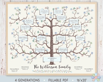 4 Generations Family Tree Template: Winter   Branched Wall Art Wilks Genealogy Chart (Fillable PDF)
