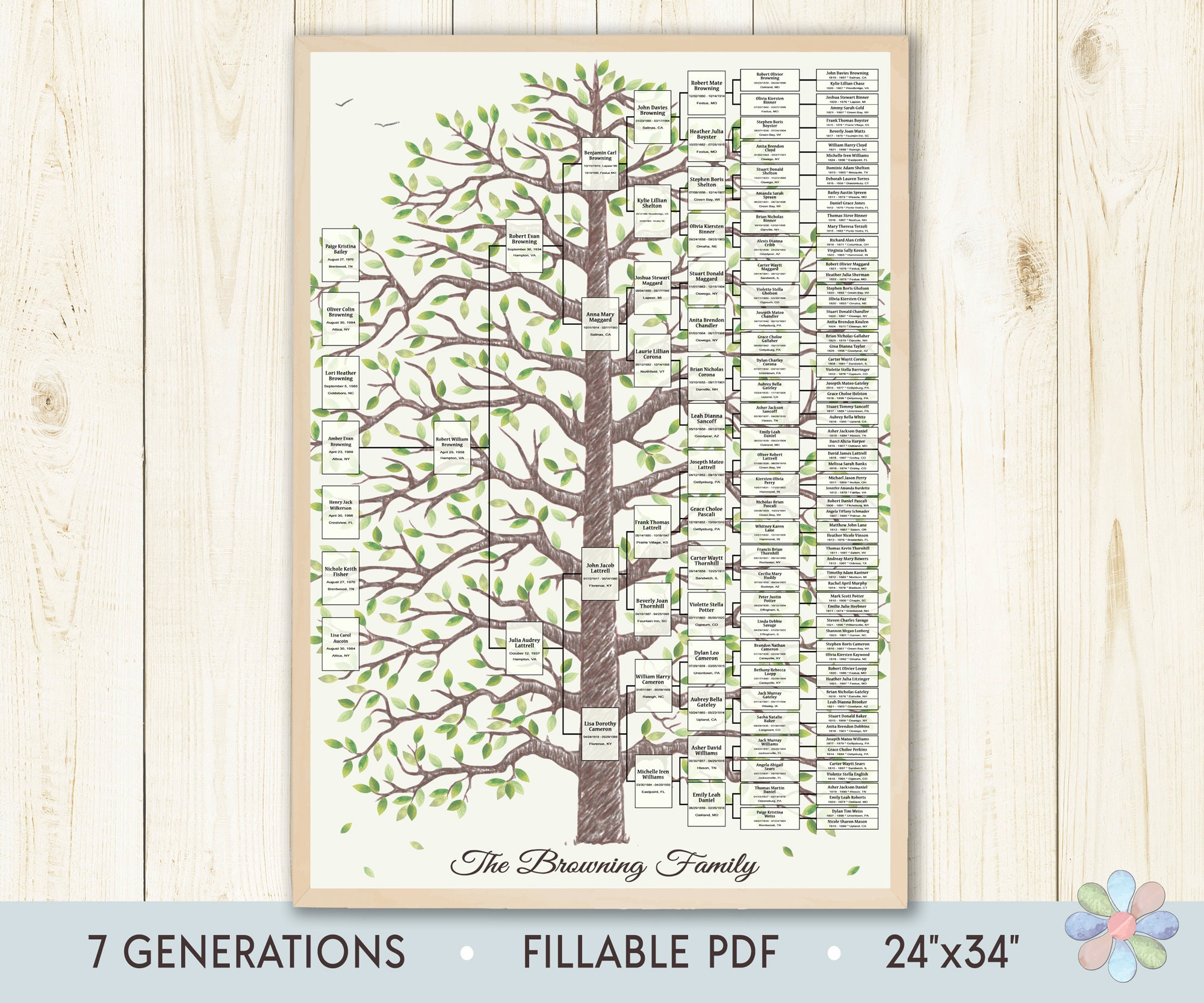 Family Tree Template for 7 Generations. Greenery Browni Watercolor ...