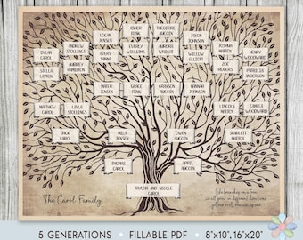 5 Generations Family Tree Template: Old Branched Brown Caroi Genealogy Chart (Fillable PDF)