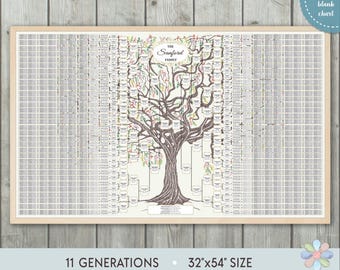 11 Generations Watercolor Family Tree: Branched Leafy Sanni Blank Genealogy Chart (Printable File)
