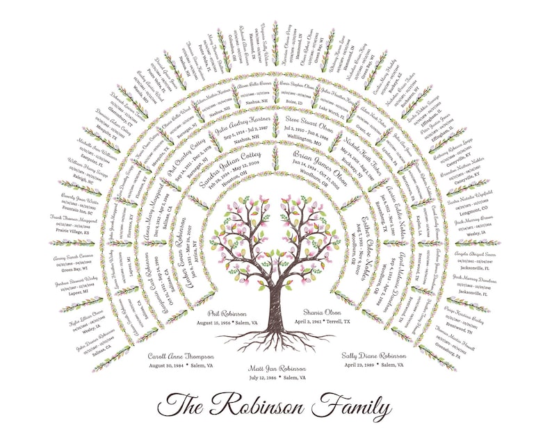 May include: A family tree chart with a magnolia tree in the center. The tree has pink and white flowers and green leaves. The chart is in a circle shape and lists the names and dates of birth of family members. The text at the bottom reads "The Robinson Family".