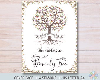 Family Tree Notebook Cover Page: Leafy Tree with Banner Our History Andi (Fillable Template)