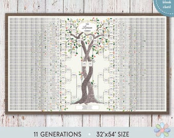 11 Generations Watercolor Family Tree: Two Intertwining Summer Trees Larsi Blank Chart (Printable Files)